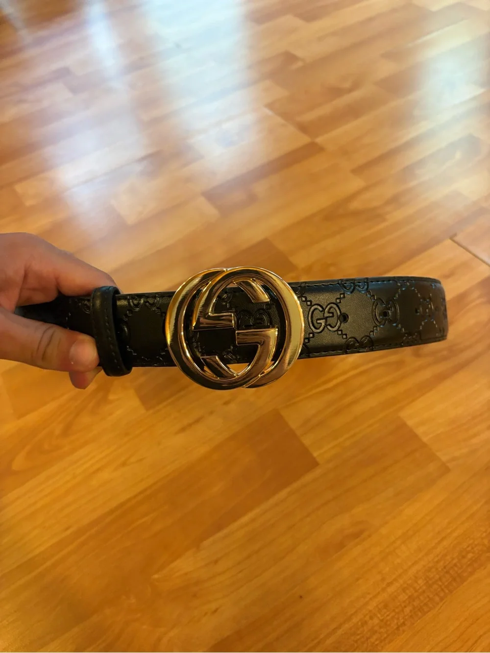 Gucci Black Embossed Leather Belt with Gold Double G Buckle